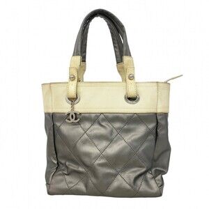 Chanel Paris Biarritz Canvas Tote Bag, Gray and White, Women's